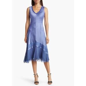 Komarov Blue Beaded Charmeuse & Chiffon V-Neck Sleeveless Cocktail Dress Size XL